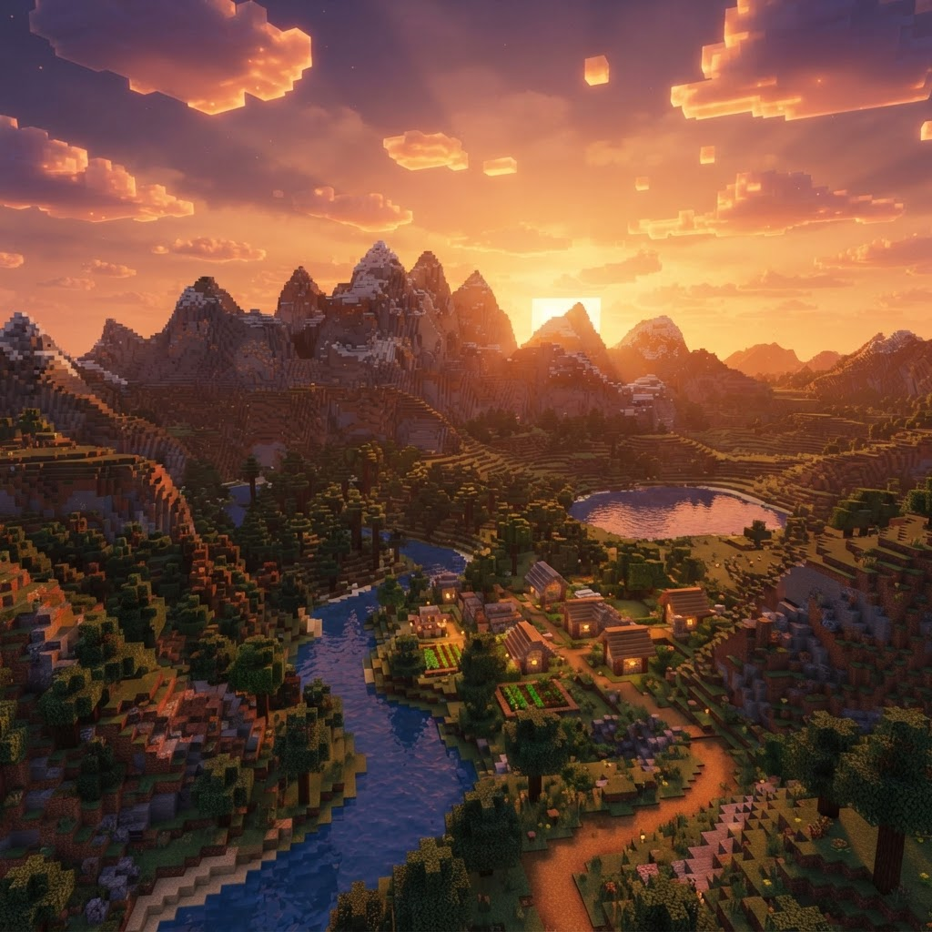 Voxel sandbox world at sunset